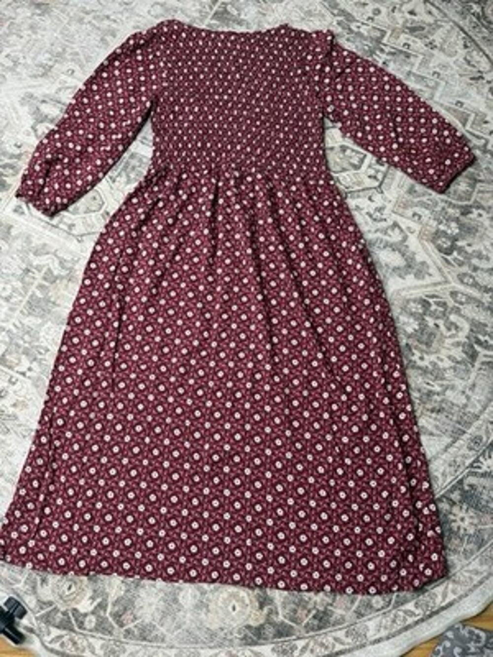 Smocked Midi Dress Womens S Maroon Floral 3/4 Sleeve Rayon Prairie Cottage Boho